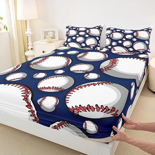Miniatura 4 de Juego de ropa de cama de béisbol con temática deportiva, sábana bajera ajustable para niños, niñas, adolescentes, 3D, patrón de bola azul, juego de