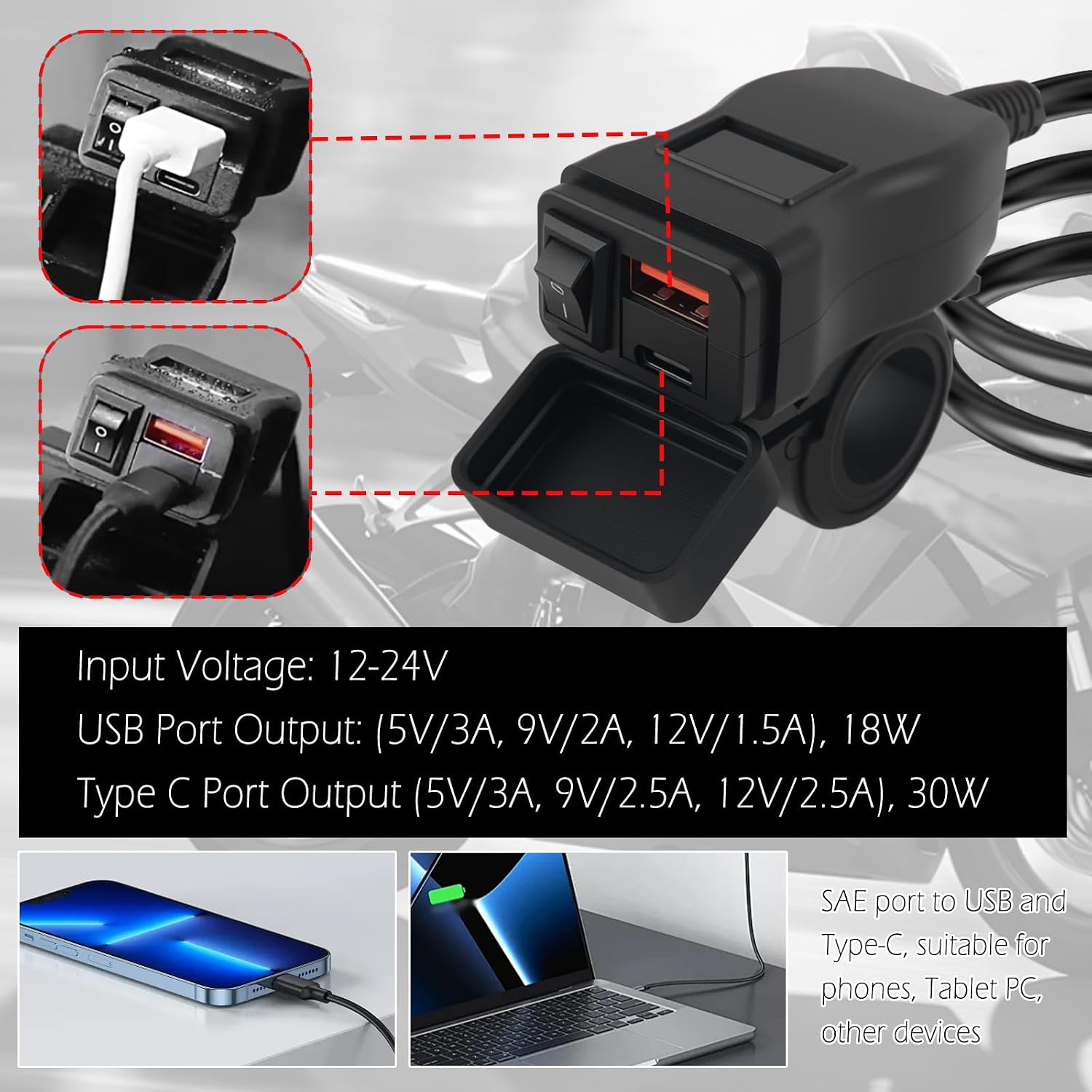 Motorcycle Phone Charger,Dual USB QC + 30W PD Quick Motorcycle USB Charger with Red Voltmeter and ON/Off Switch,SAE to USBs & Type C Motorcycles USBs Port for Tablet,Phone,GPS