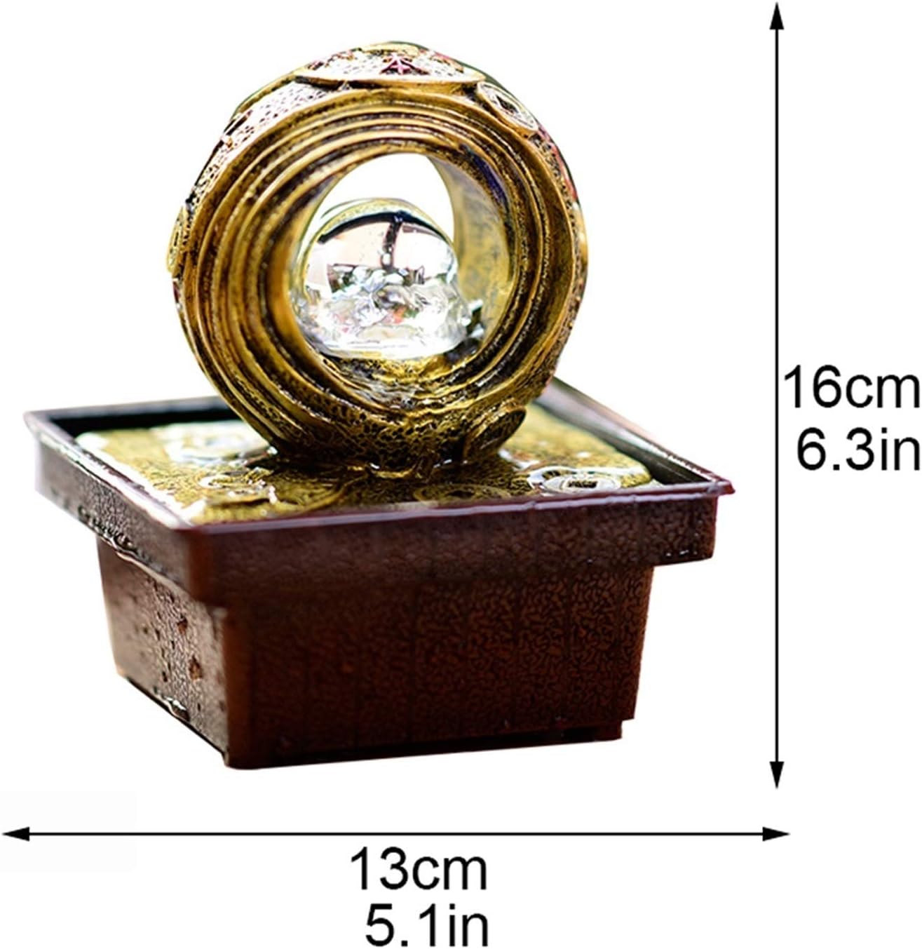 Tabletop Fountain 6.3" Indoor Water Fountain with Pump Copper Round Gold Coin Decoration Crystal Ball and Base Desktop Fountain Home Office Desktop Lucky Art Decoration, Resin Desktop Fountain
