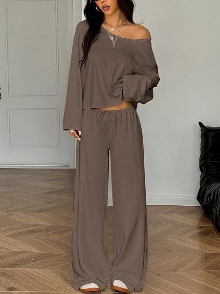 Set da salotto da donna con spalle scoperte pullover top e pantaloni della tuta a gamba larga per autunno e viaggio - 1
