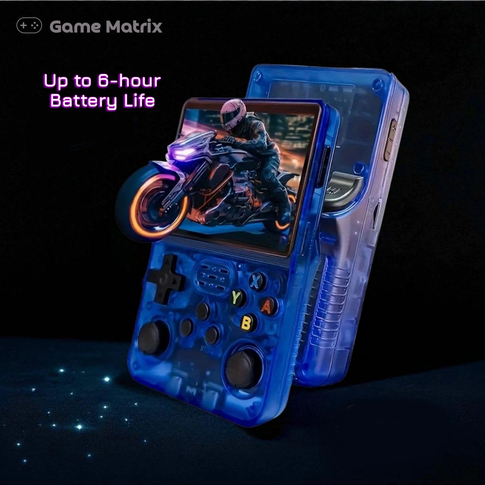 Close-up of the Game Matrix R36S handheld console buttons and screen