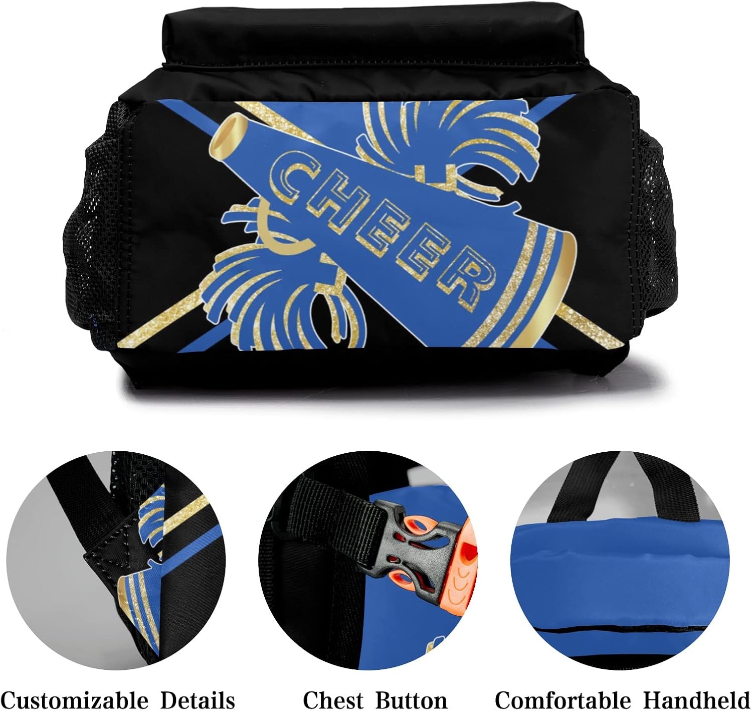 Customized Cheer Blue Black Cheerleaders Waterproof Backpack with Name for Hiking Camping Picnic