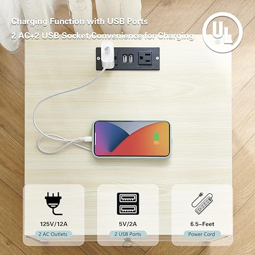 Miniatura 3 de Mesita de noche con estación de carga y 2 puertos USB, 2 cajones y estante de metal, mesa auxiliar para dormitorio, sala de estar, juego de 2