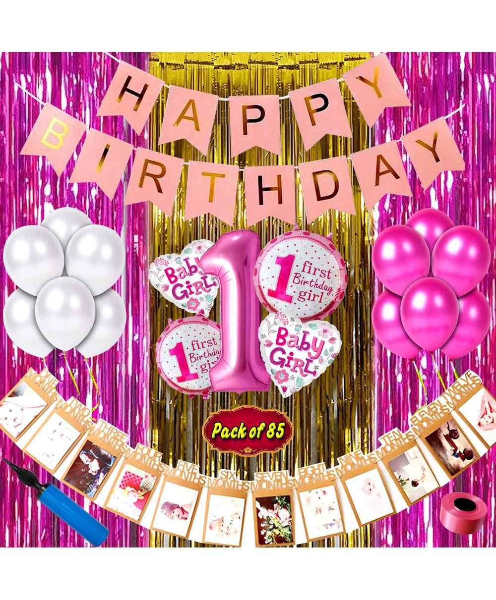 Edge Decor1st Birthday Girl-2 Pink+1 Golden Curtains+Pink Birthday Banner(13)+5 Pieces Birthday Girl Foil Balloons+1-12 Months Photo Banner(12)+25 Pink+25 White Metallic Balloons+1 Pump+2 Ribbons