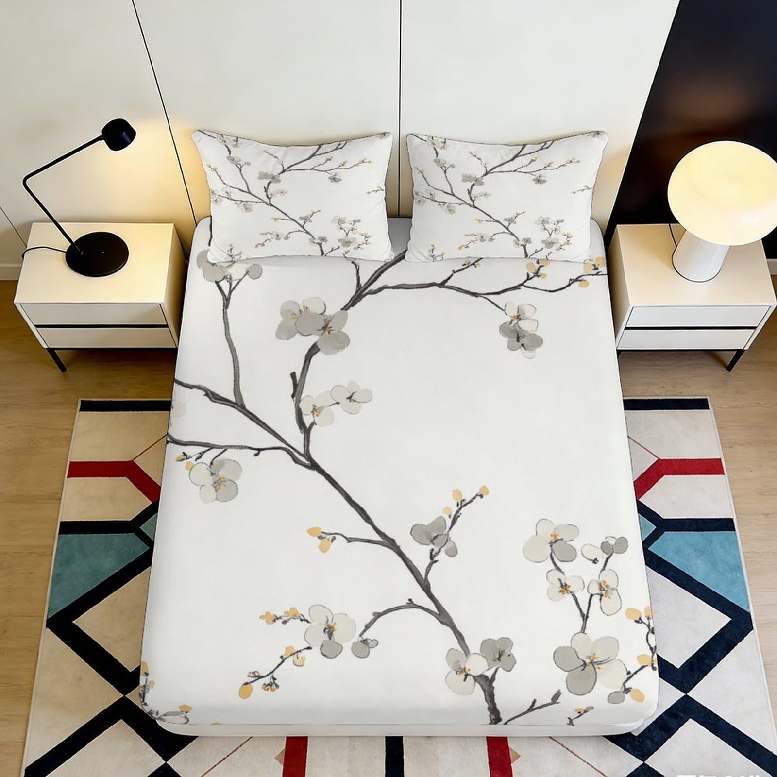 Pnayamiorkfel Style-9 3D Printed Plum Blossom Fitted Sheet Microfiber Soft Breathable Ink Branch Mattress Cover For Bedroom Dorm Decor 90X200x25cm