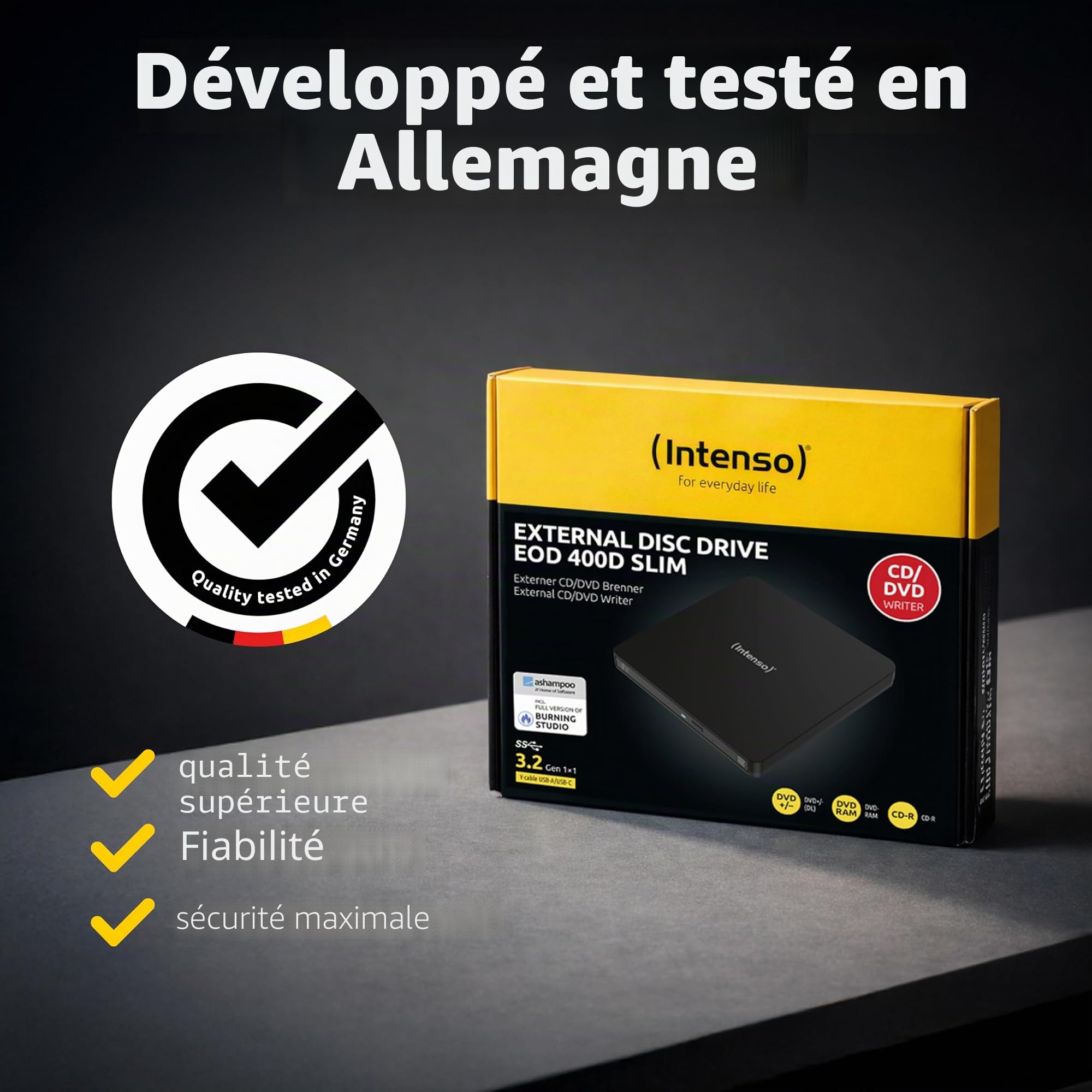 Intenso Lecteur CD/DVD Externe Graveur Externe EOD 400D Slim USB 3.2 pour Ordinateur Portable Desktop PC iMac MacBook Windows MacOS + Logiciel de Gravure Gratuit Ashampoo Burning Studio Noir
