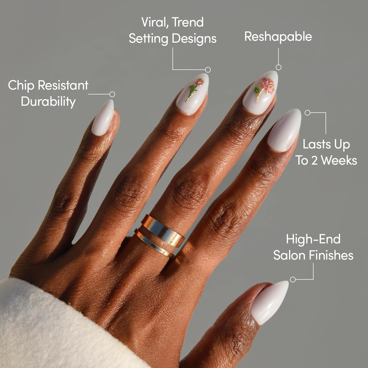 Valentines Day Glamnetic Press on Nails, unghie finte a mandorle corte su base bianca lattea con rose 3D in finitura lucida, qualità salone, 15 misure - 30 pezzi con colla