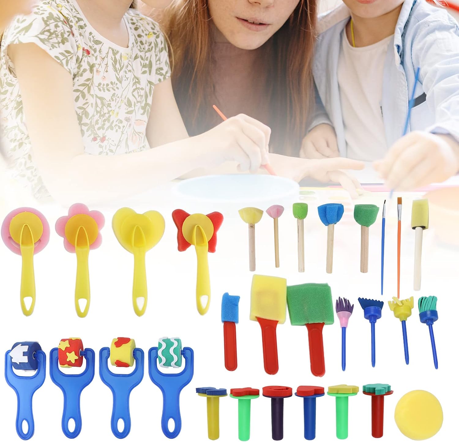 1 Set 30 Pcs Kids Paint Brushes, Colorful Toddler Paint Brushes, Reusable Paint Sponge Foam Brushes for Children's Drawing Tools and Graffiti