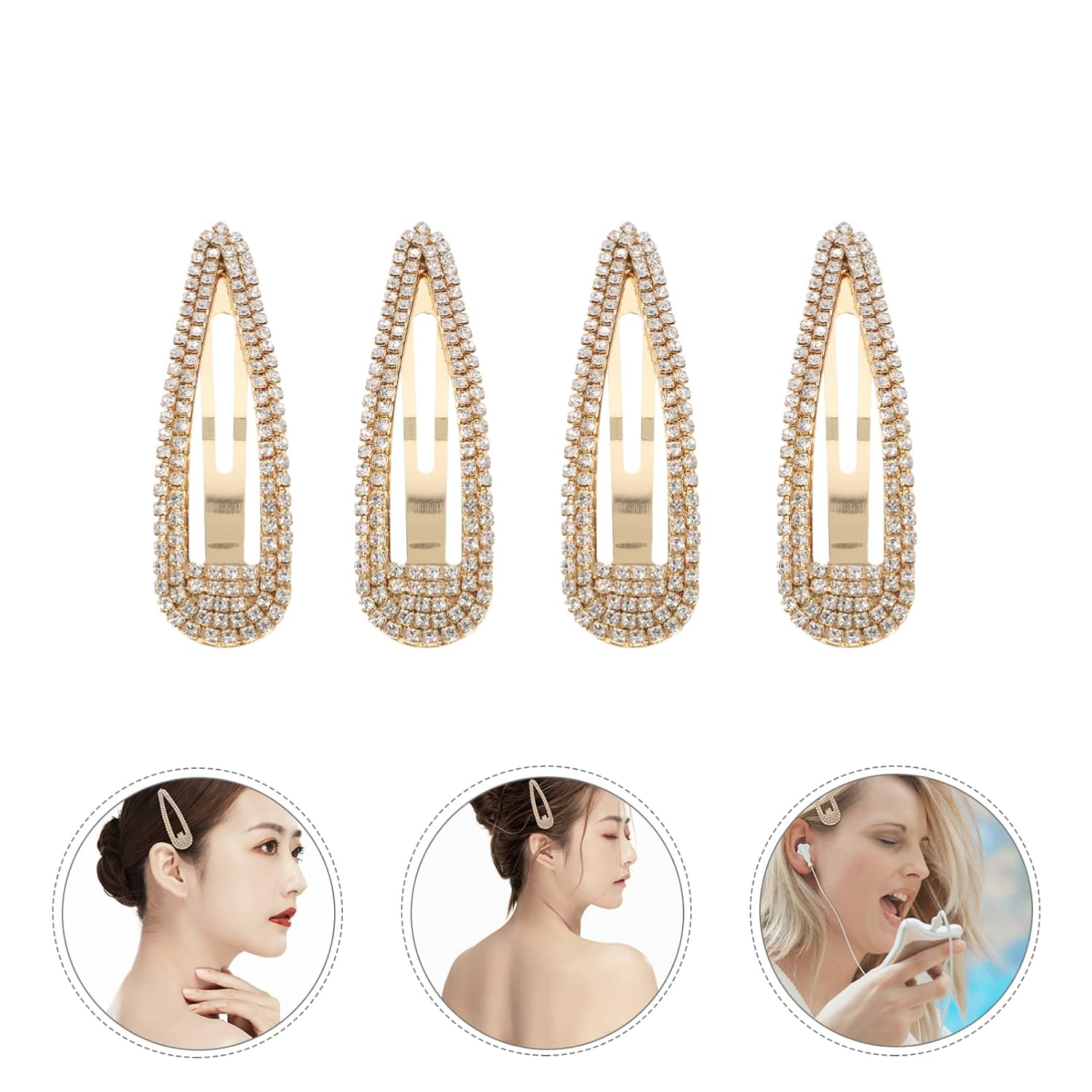 KALLORY Rhinestone Snap Hair Clips, 10pcs Glitter Water Drop Hairpins Crystal Metal Snap Hair Barrette for Women Wedding Hair Accessories