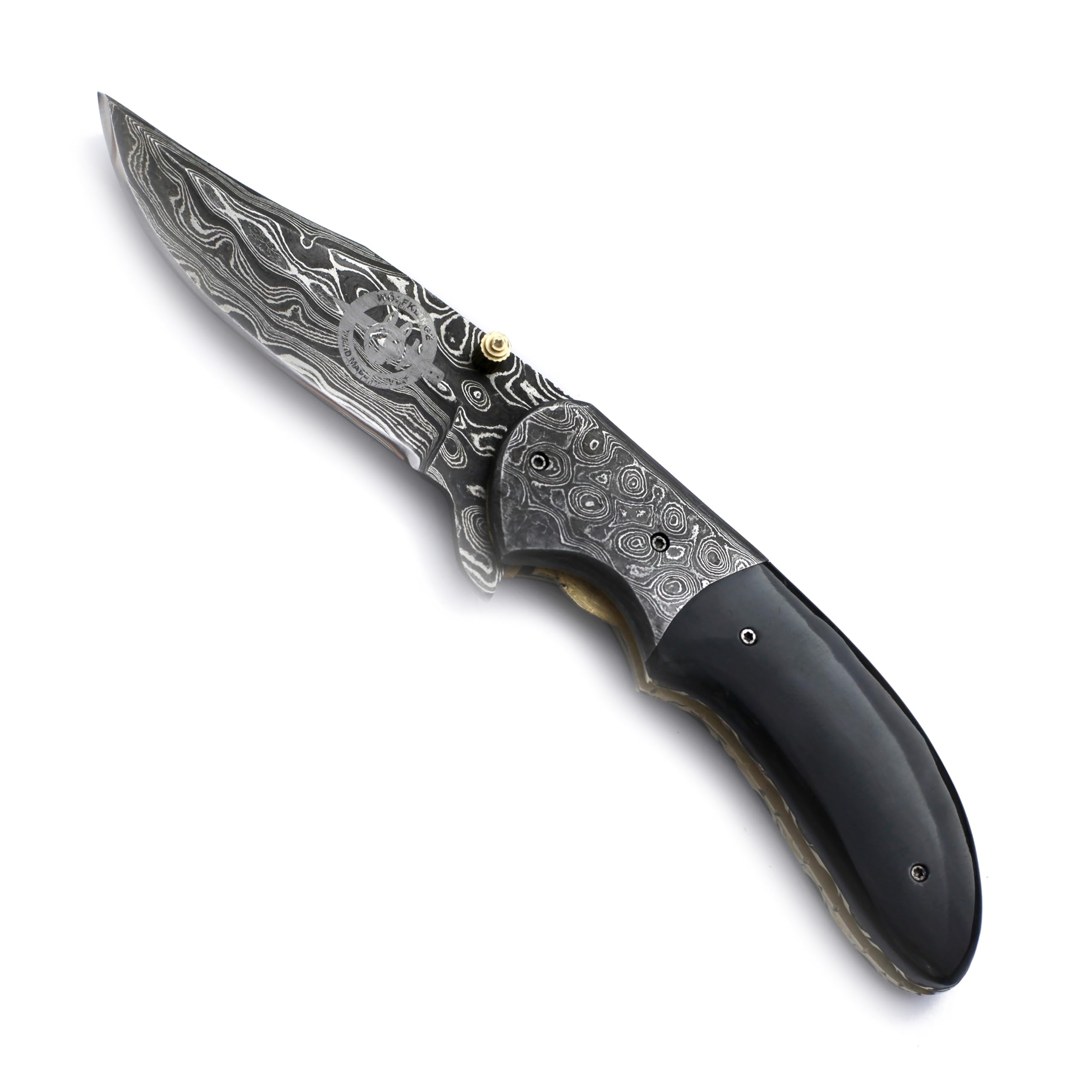 WÖLFKLINGE Damascus Handmade Folding Pocket Knife with Clip Point Blade – The Ultimate EDC for Hunting, Survival, Camping, and Fishing with Full Tang Micarta Handle and Luxurious Cowhide Leather Sheath.
