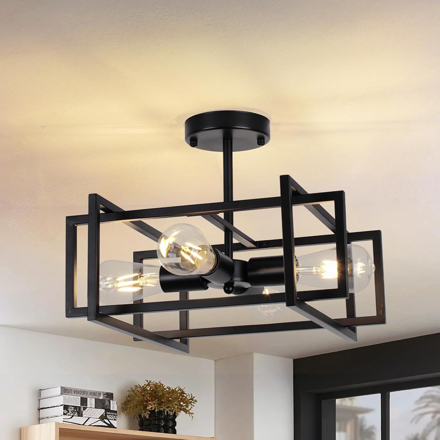 16.54'' Matte Black Metal Drum Semi-Flush Mount Ceiling Light