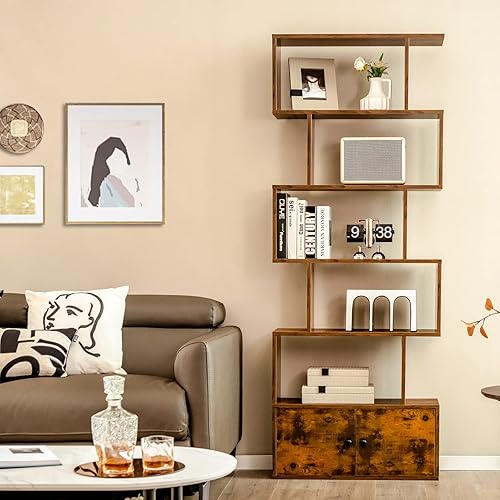 Miniatura 2 de STAKOL Estantería de 6 niveles con gabinete, estante independiente en forma de S con puertas, dispositivo antivuelco, estantería geométrica de