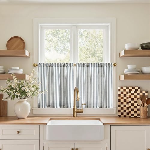 Miniatura 54 de jinchan - Cortinas de cocina de lino de 36 pulgadas de largo, a rayas finas, de media altura, pequeñas, para sala de estar, baño, café, estilo de