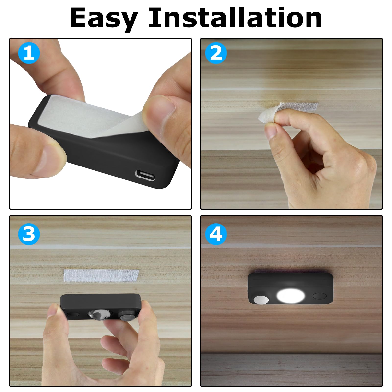 NIEGNOWOO Luci LED con sensore di movimento, luci ricaricabili per armadietto, luce notturna a LED senza fili per armadio, cassetto, mensola, sotto l'armadio, luce diurna, confezione da 6, cavo di