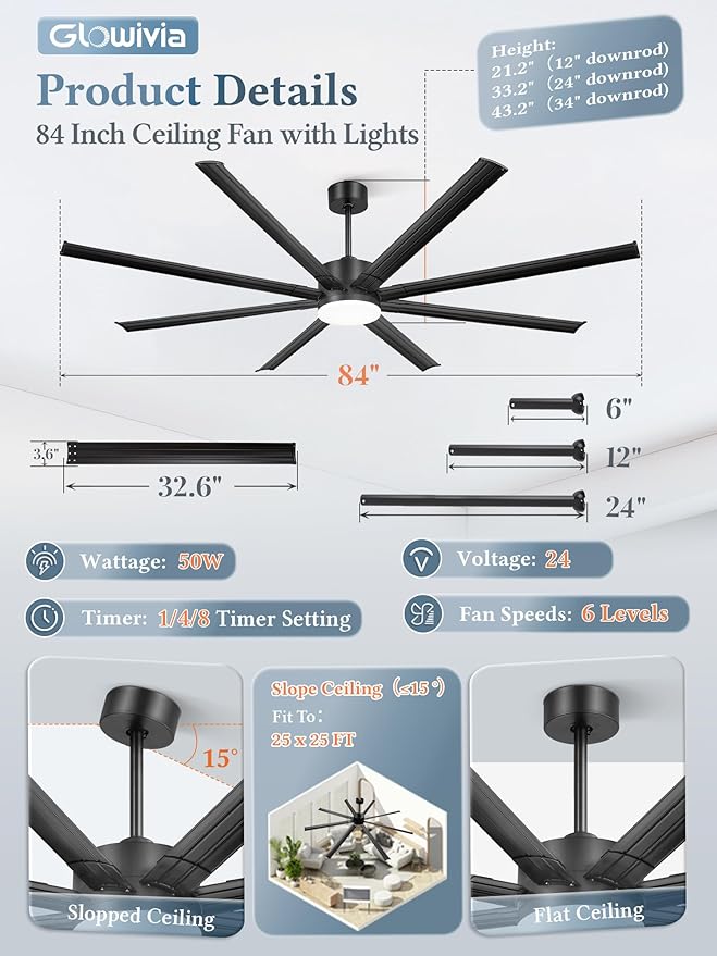 Ventilador de Techo 84 Pulgadas con Luz, 6 Velocidades y Con miniatura 6