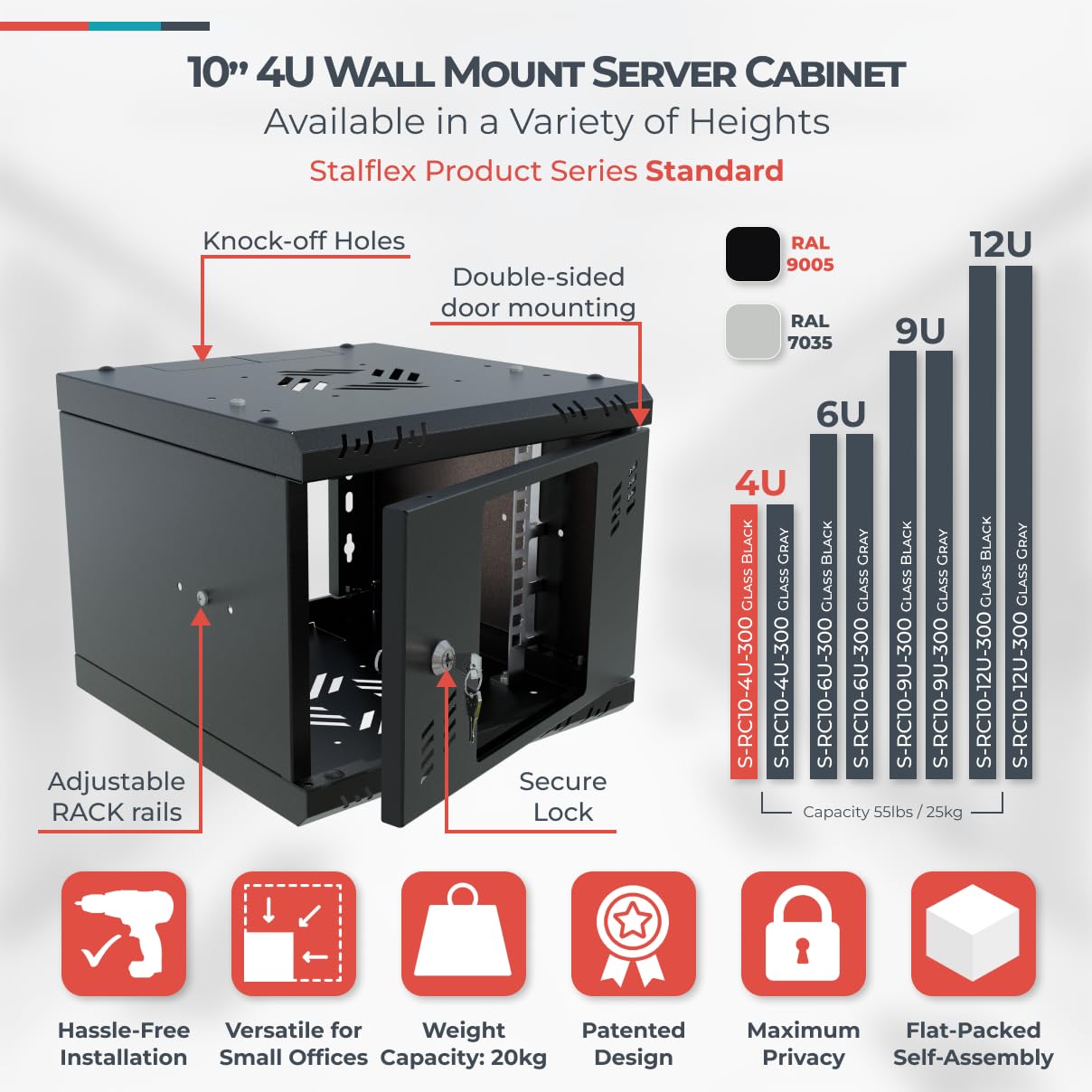 Armoire Réseau 10 Pouces - Baie Informatique 4U - Baie de Brassage pour Montage Mural - Capacité de Charge 15 kg - Armoire Informatique vers la Salle des Serveurs, Le Bureau - Noir
