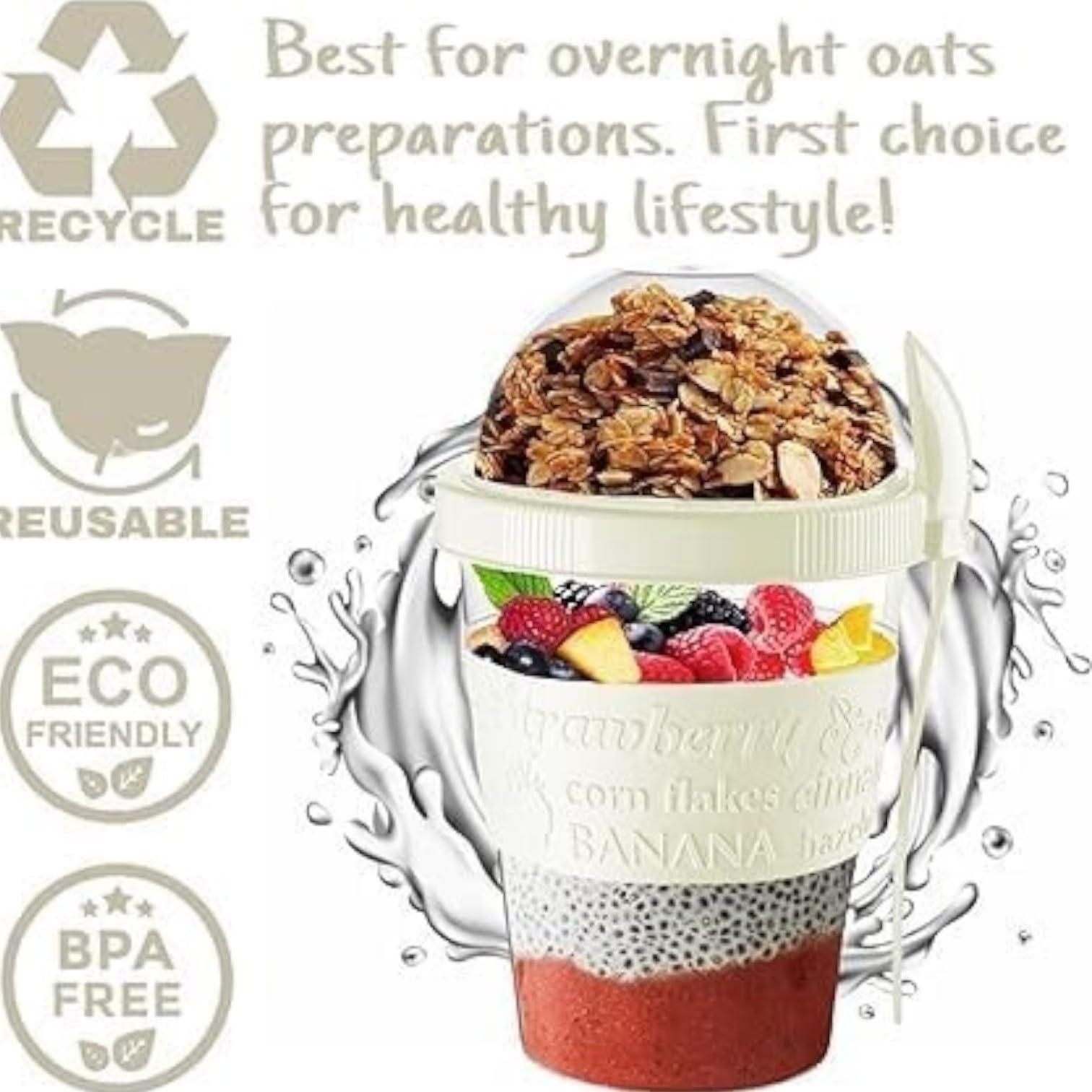Pro Home Yogurt Pot With Spoon 20oz/600ml Bpa Free Reusable Airtight Dishwasher Safe On The Go Yoghurt Pots With Lids Museli Cereal Cup Containers Overnight Oats Jar Storage (Cream) - Image 3