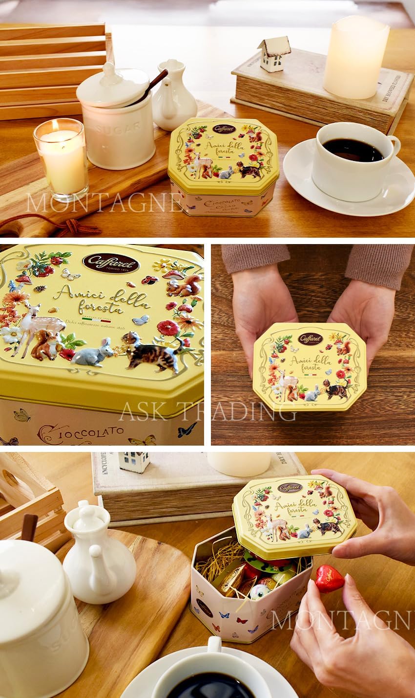カファレル Caffarel アミーチ・デッラ・フォレスタ イエロー缶 チョコレート チョコ お菓子缶 缶 ジャンドゥーヤ イタリア 猫 動物 アニマル 可愛い (コーヒージョイ付き)