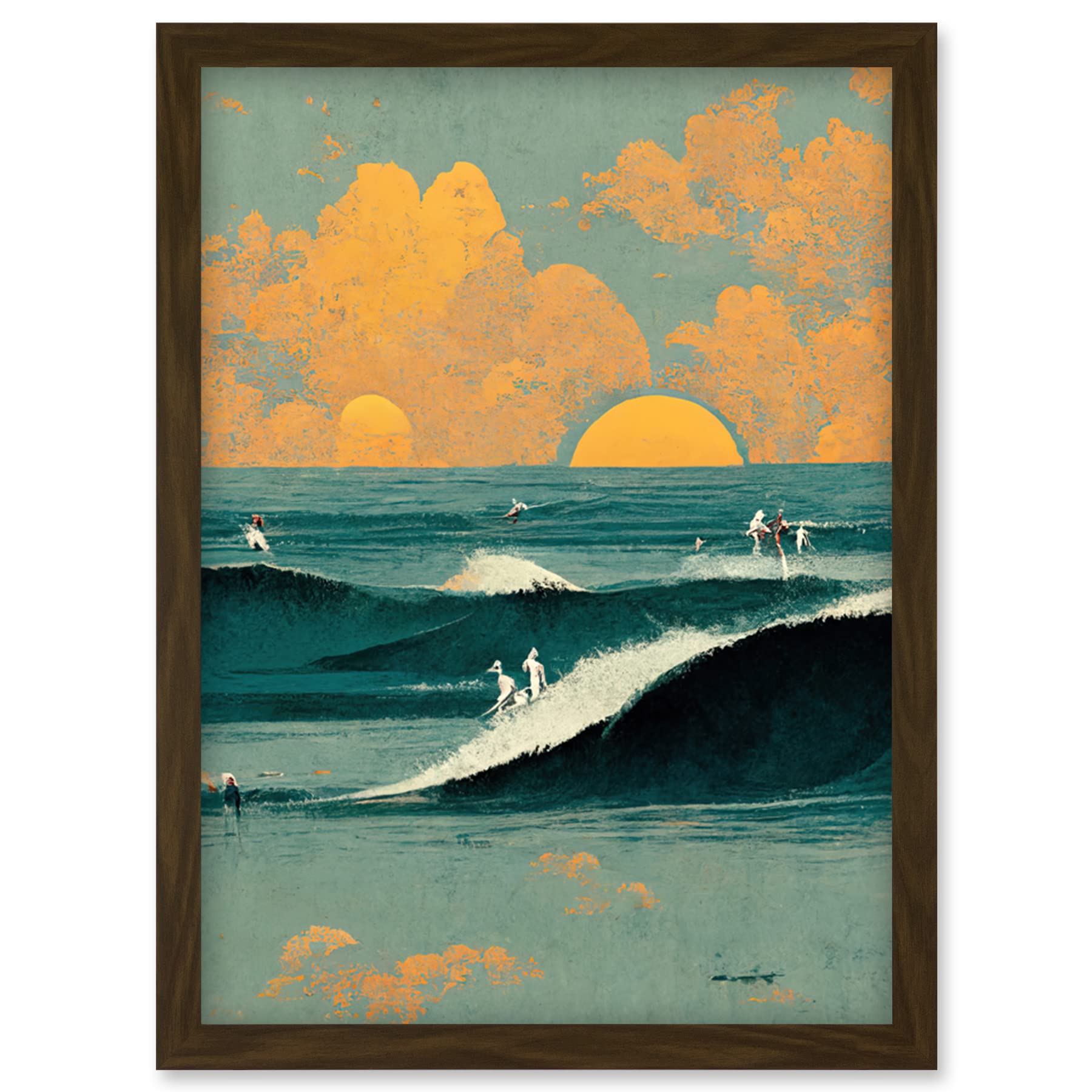 Wee Blue Coo Surfers Surfing Chasing Waves at Sunset Teal Mustard Abstract Oil Paint Artwork Framed Wall Art Print A4