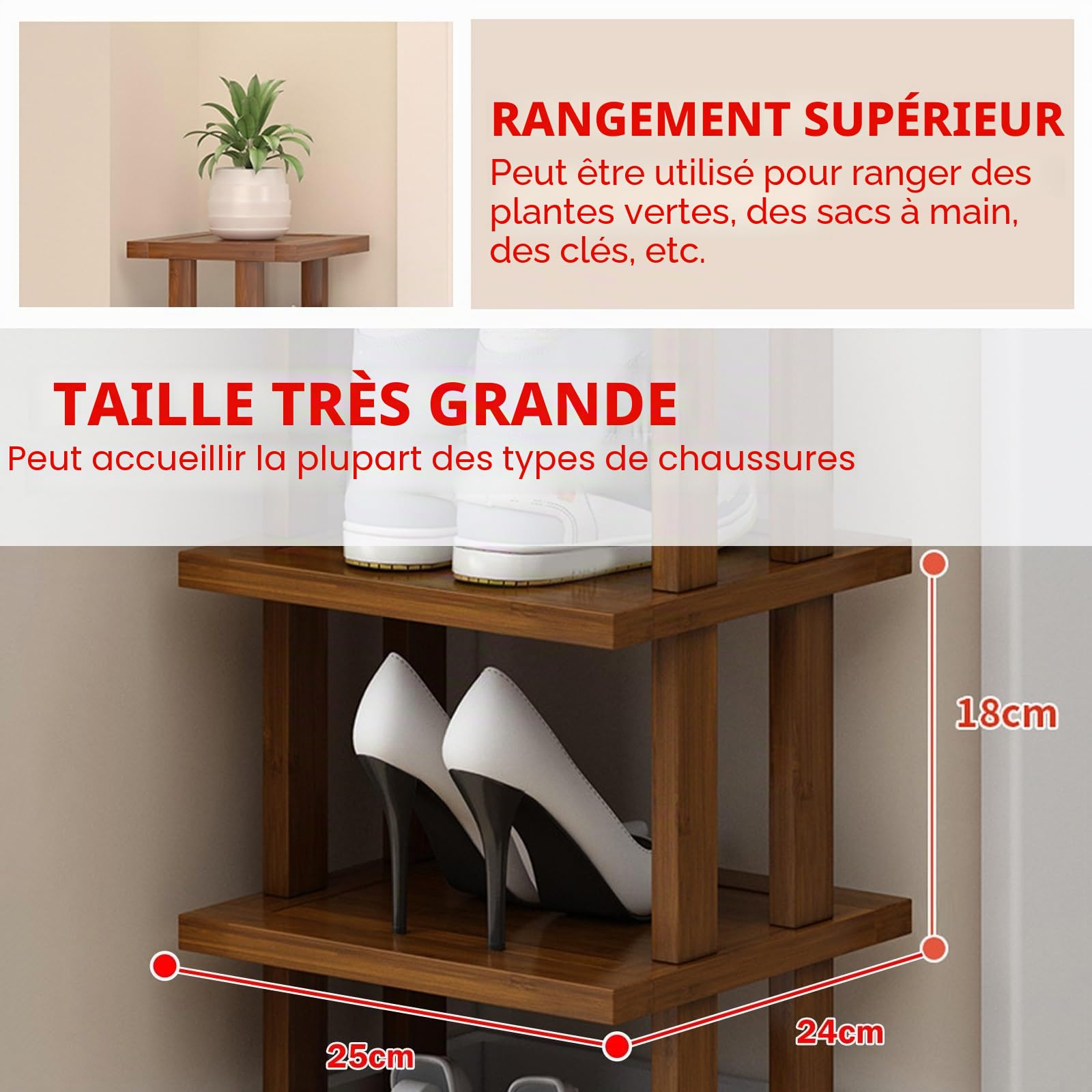 Meuble Chaussure Bois, Meuble a Chaussures Exterieur Imperméable, Range Chaussure, Etagere Colonne, Étagère à Chaussures Haute et Étroite for Entrée, Dortoir, sous Le Lit
