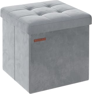 SONGMICS Puff Almacenaje, Banco de Almacenamiento de Terciopelo Plegable, Taburete Reposapiés, 38 x 38 cm, Carga de 300 kg, para Entrada, Sala de Estar, Dormitorio, Gris Paloma LSF227G02