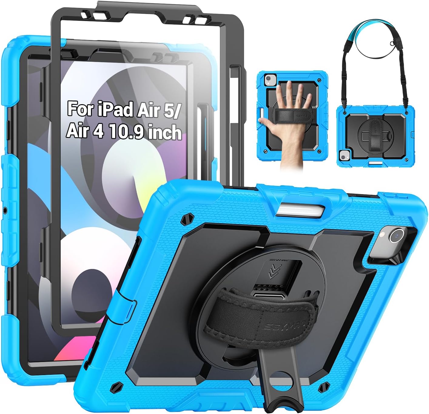 SEYMAC Case for iPad Air 5th/ 4th Generation 10.9", Full-Body Shockproof Protective Case with Screen Protector, Rotating Stand/Handle/Shoulder Strap/Pencil Holder for iPad Air 5/ Air 4, Sky Blue