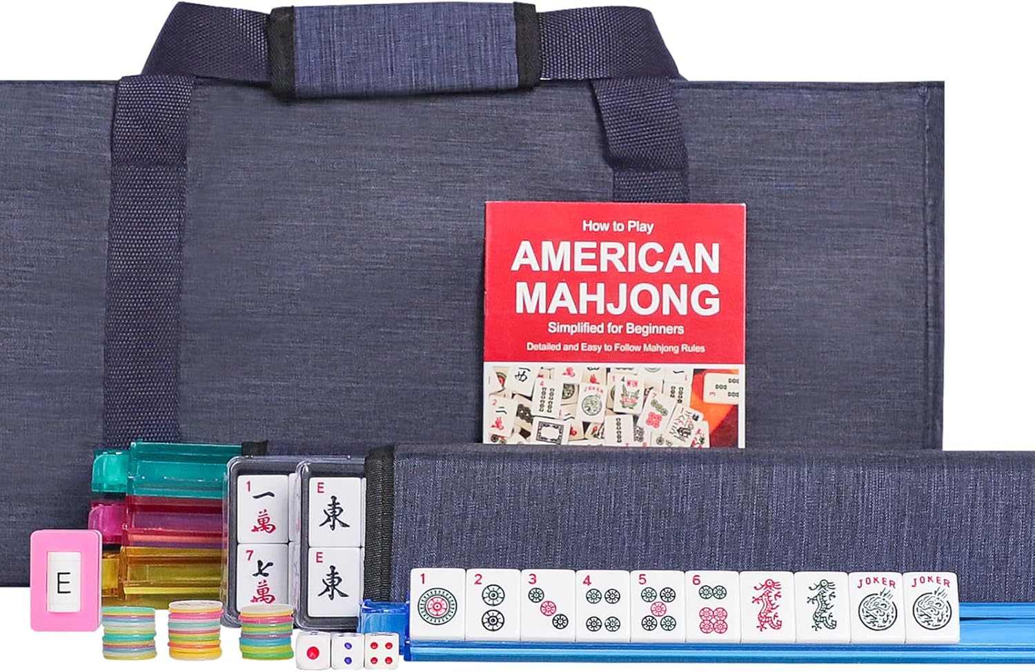 American Mahjong Tiles Set, Blue Bag, 166 White Tiles, 4 All-in-One Rack/Pushers, Mahjong Set, (Ma Jong, Mah Jongg, Majiang) Navy Blue