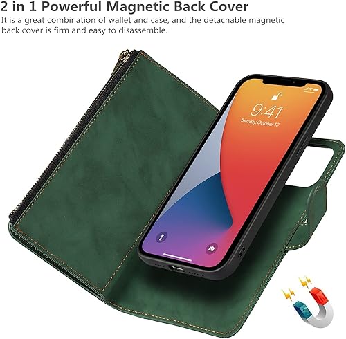 Miniatura 8 de iCoverCase Funda tipo cartera para iPhone 13 con tarjetero, funda de piel sintética 2 en 1 con cierre magnético, bolsillo con cremallera, a prueba