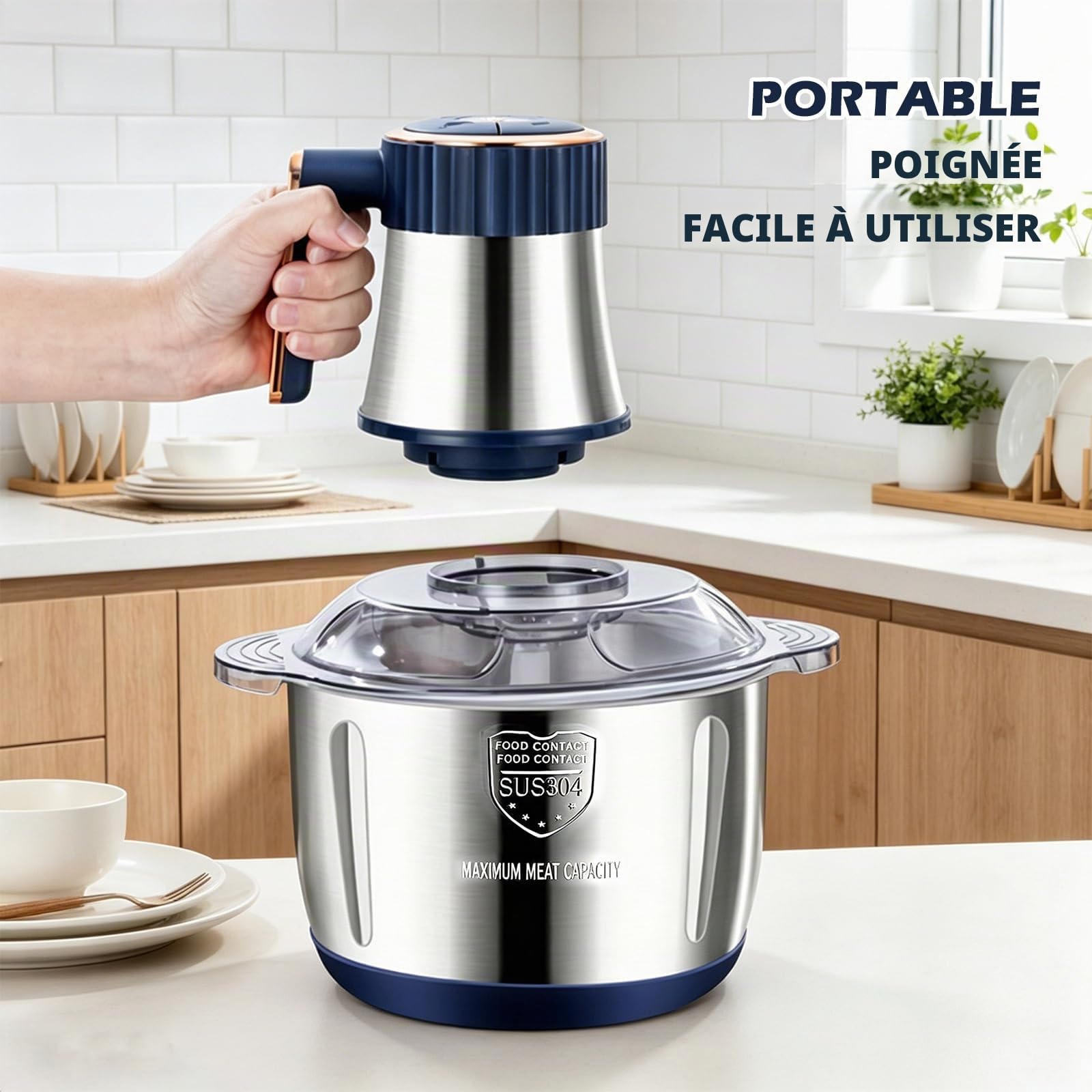 Hachoir Électrique 5L – Mixeur Hachoir Électrique avec Bol en Acier Inoxydable, 5 Vitesses et 6 Lames en Acier avec 5 Jeux de Lames pour Viande, Légumes et Fruits