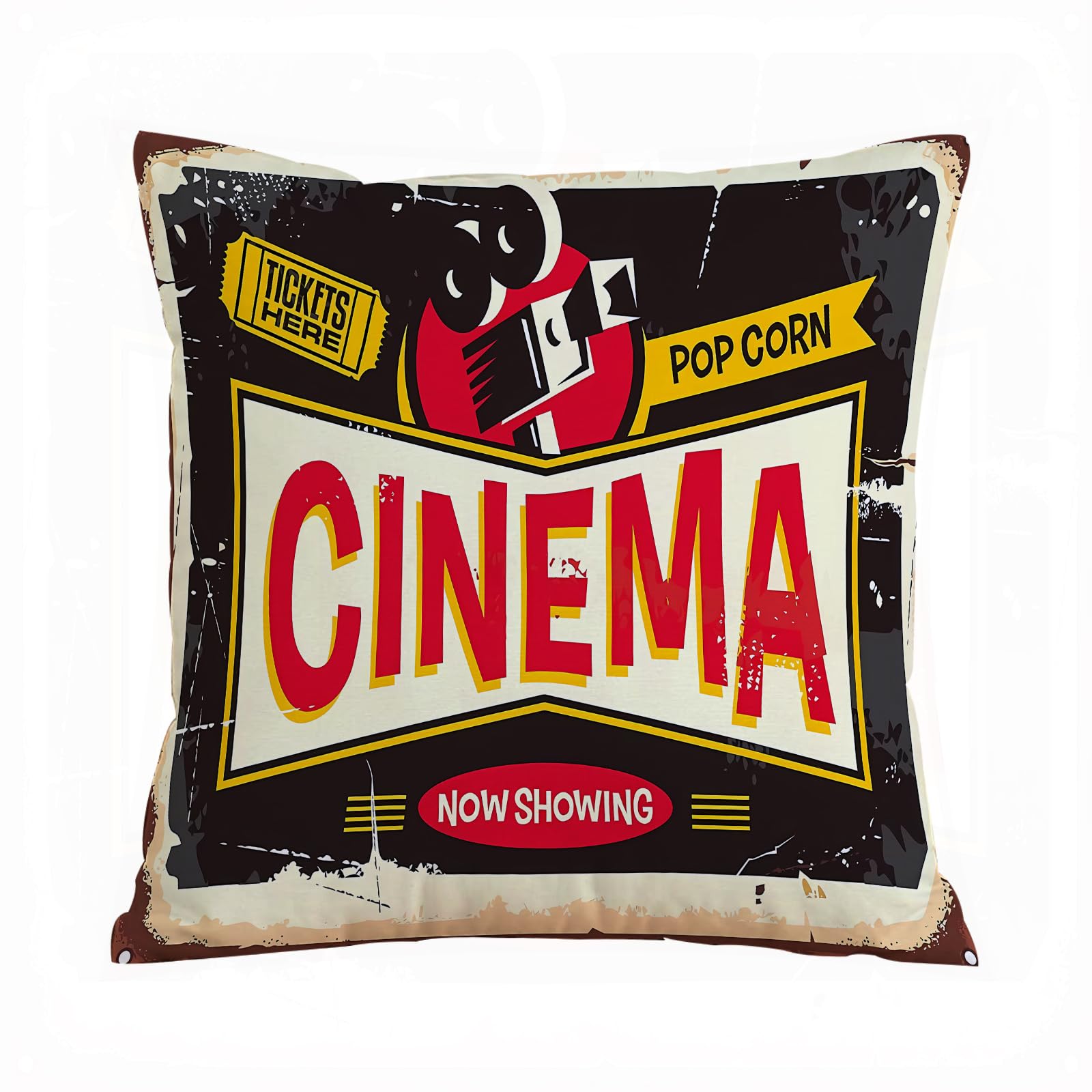 ERRTU Throw Pillow Case Pillowcase Square Printed Cushion Cover for Living Room Sofa Couch Bed Car,Cinema retro tin signwith movie camera and cinema ticket on black background.,18x18 in