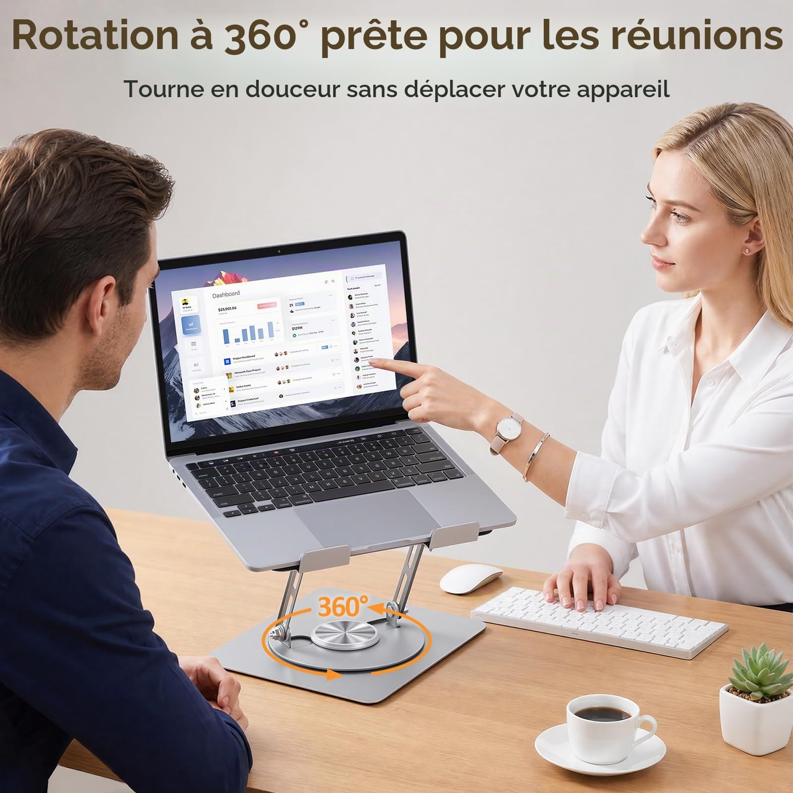 Euqvunn Support Ordinateur Portable, Pliable Support PC avec Base Rotative à 360°, Rehausseur Ordinateur Portable, Réglable en Hauteur et en Angle, Compatible avec MacBook Pro/Air, 11–16"(Argent)
