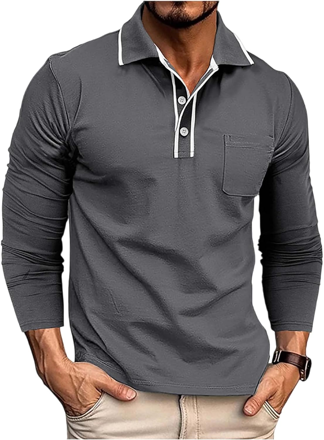 Men's Long Sleeve Polo Shirts with Pocket, Casual Button T Shirt Basic Lightweight Collared Shirt