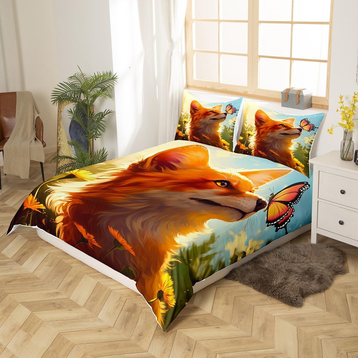 Cartoon Fox Bedding Set,Watercolor Fox Comforter Cover Set for Teens Women Room Decor,Butterfly Flowers Duvet Cover Breathable Sunshine Bedspread Cover Full Size(No Comforter)