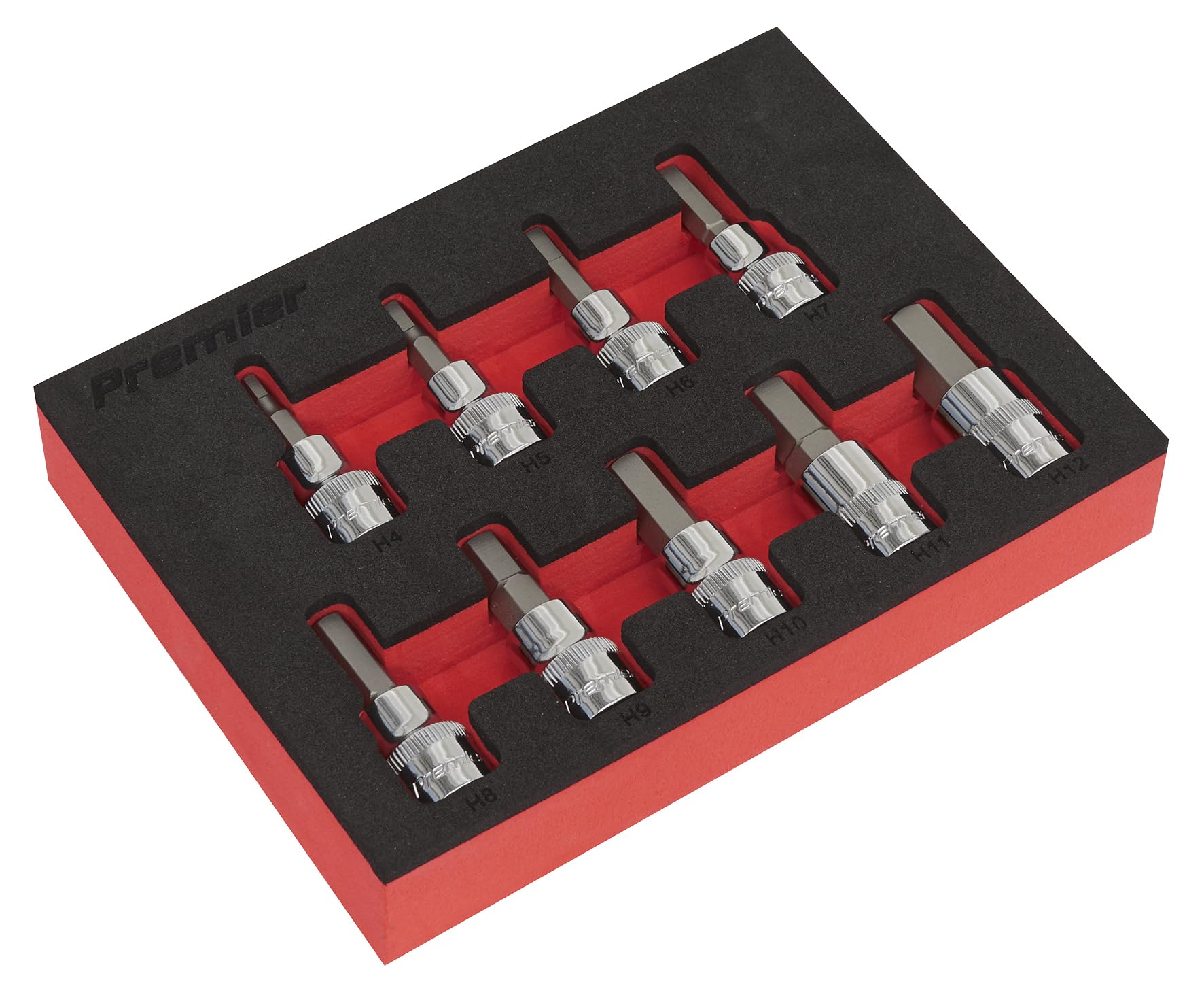 Sealey AK6240 9PC 3/8"Sq Drive Hex Key Socket Bit Set - Metric, 5mm|6mm|7mm|8mm|9mm|10mm|11mm|12mm|4mm