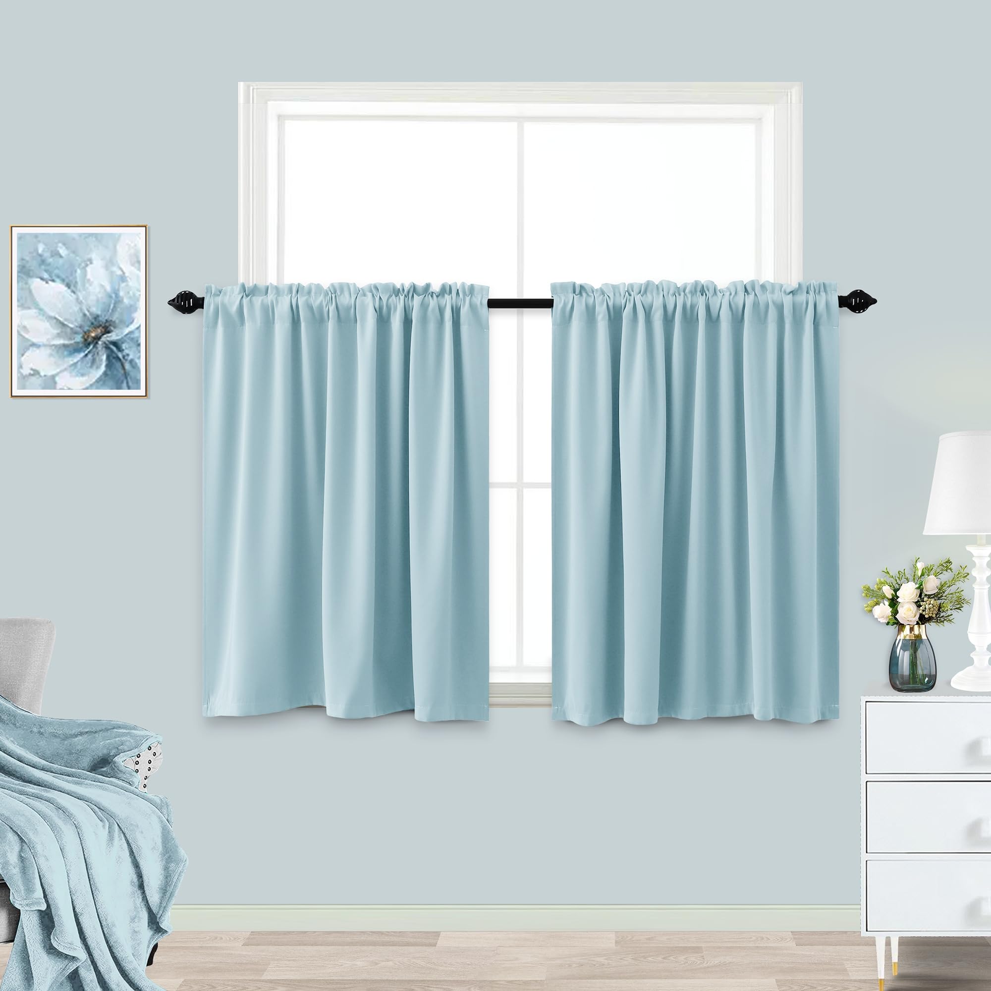 KOUFALL Light Blue Blackout Curtains for Kitchen Girls Bedroom 2 Panels Set Short Room Darkening Curtains for Small Bathroom Windows 30 Inch Length