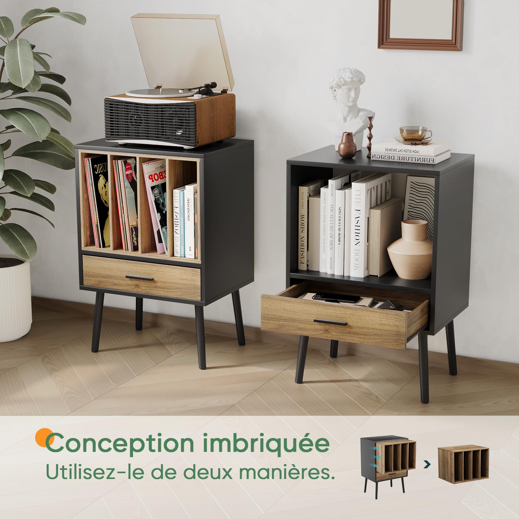 Kiasthome Support de tourne-disque noir avec caisse de rangement et tiroir, table d'appoint pour tourne-disque vinyle avec pieds en bois massif, pour salon, chambre à coucher