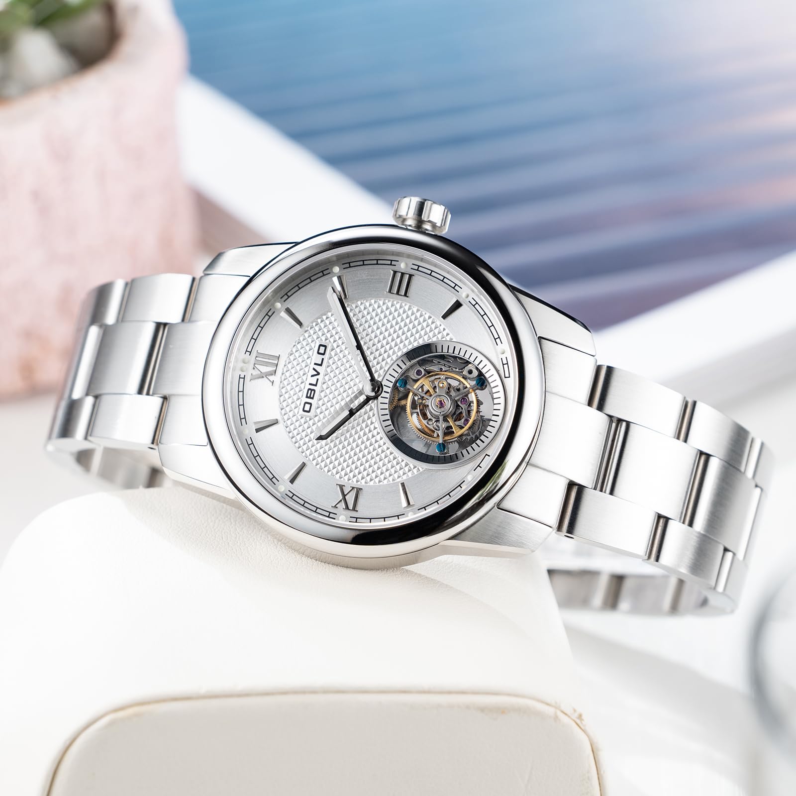 OBLVLO Luxusmarke Herren Edelstahl Tourbillon Uhr Selbstaufzug Automatikuhren Wasserdicht Business Uhr für Herren SK-TOUR