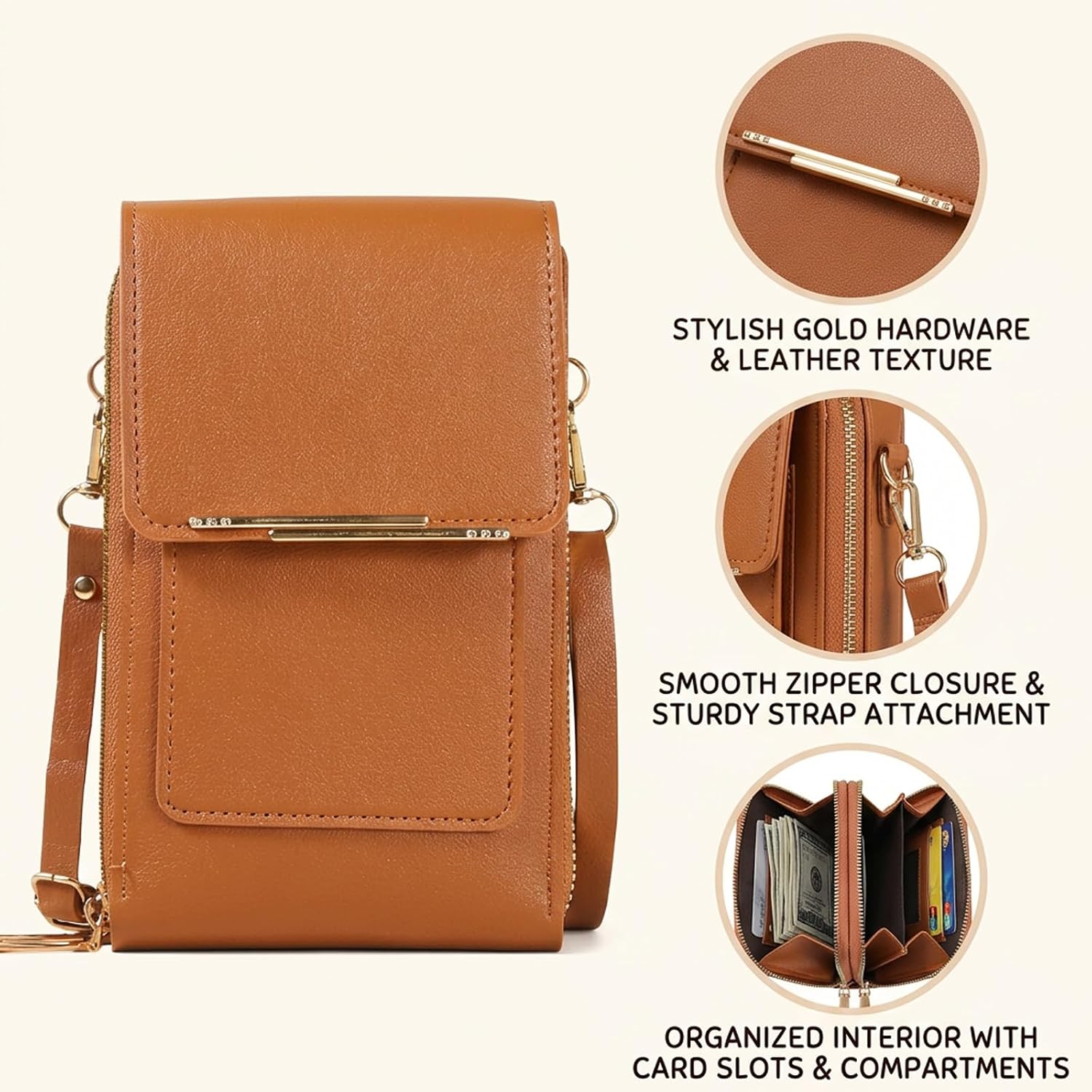 Anti-Theft Leather Bag, Touchscreen Crossbody Phone Purse, Touchscreen Phone Crossbody Bag, Suitable for Daily Travel and Fashion Accessories (Brown)