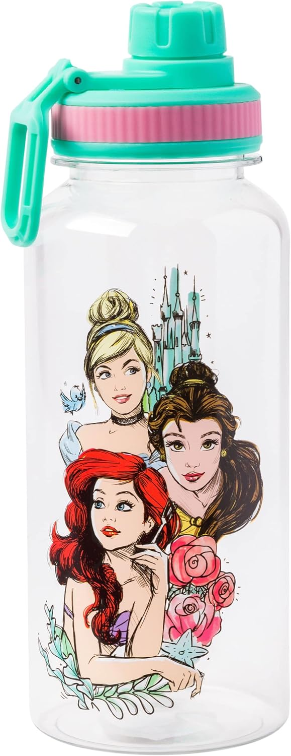 Silver Buffalo Disney Princess Ariel, Belle, and Cinderella Twist Spout Plastic Water Bottle with Stickers You Stick Yourself, 32 Ounces