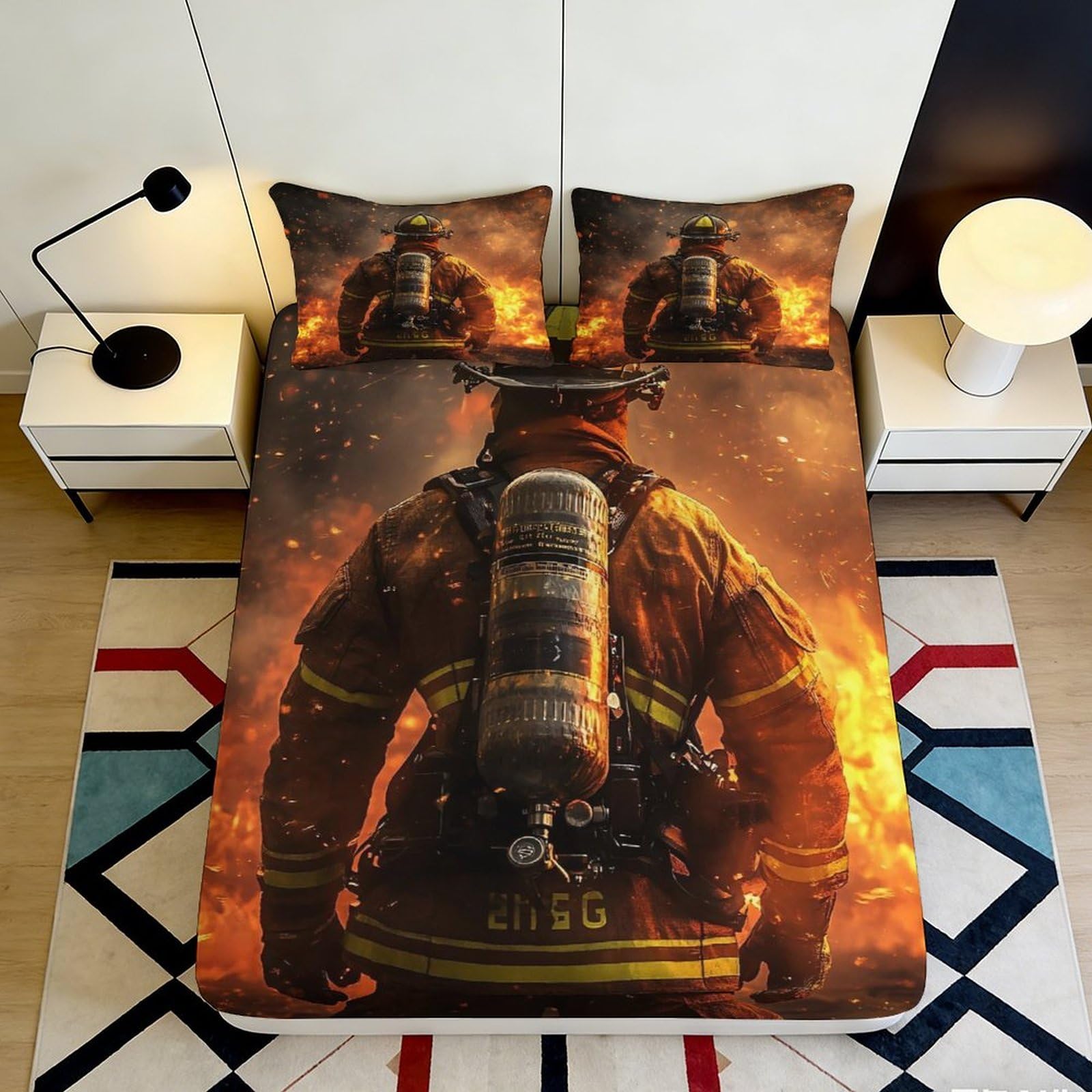 3D Printed Firefighter Flame Fitted Sheet Microfiber Soft Mattress Cover Anti-Slip for Bedroom Dorm Décor 90x200x25cm