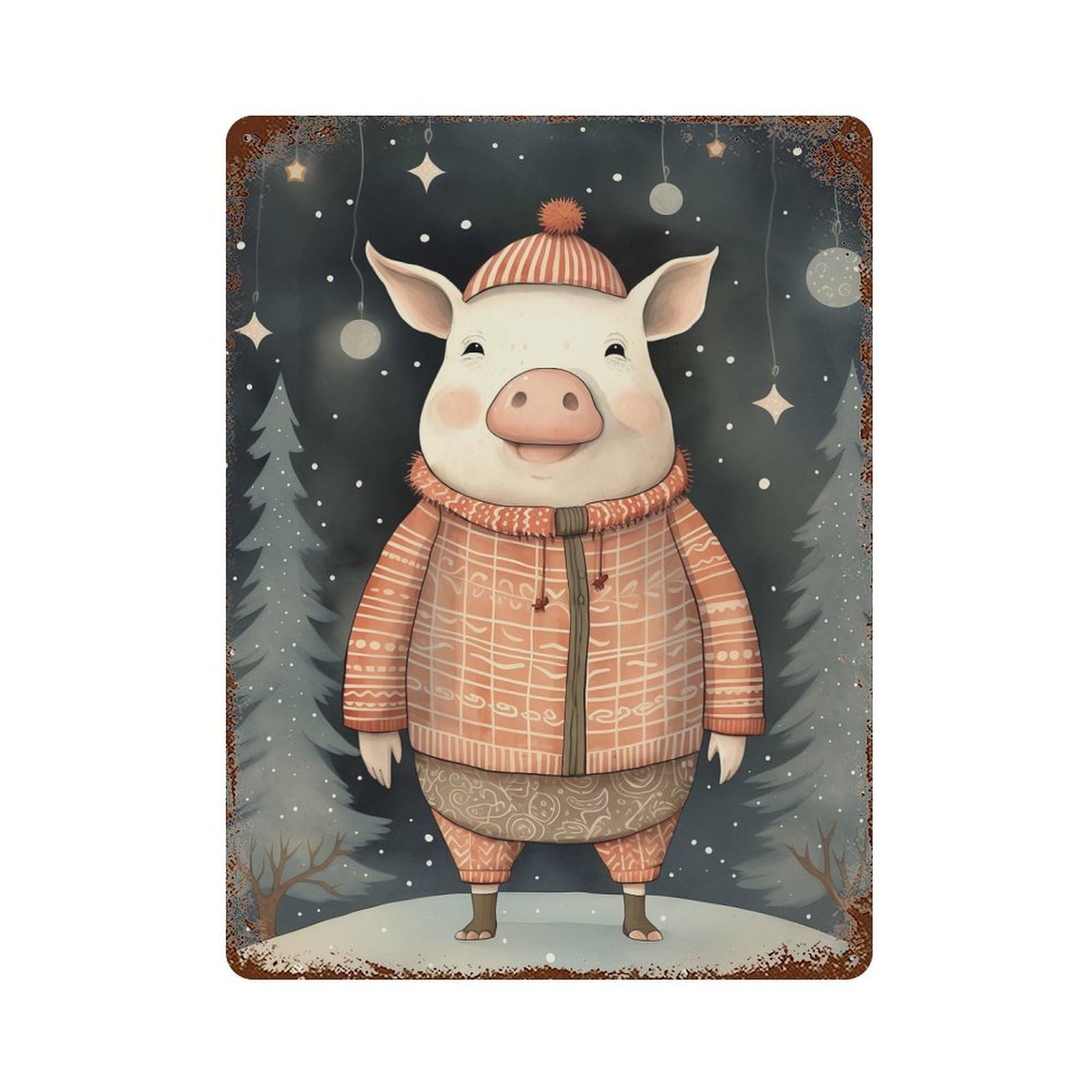 Vintage Pig Xmas 15.7"x11.8" Vintage Rust Metal Sign, Shabby Chic Decor for Garage, Bar And Workshop Decor