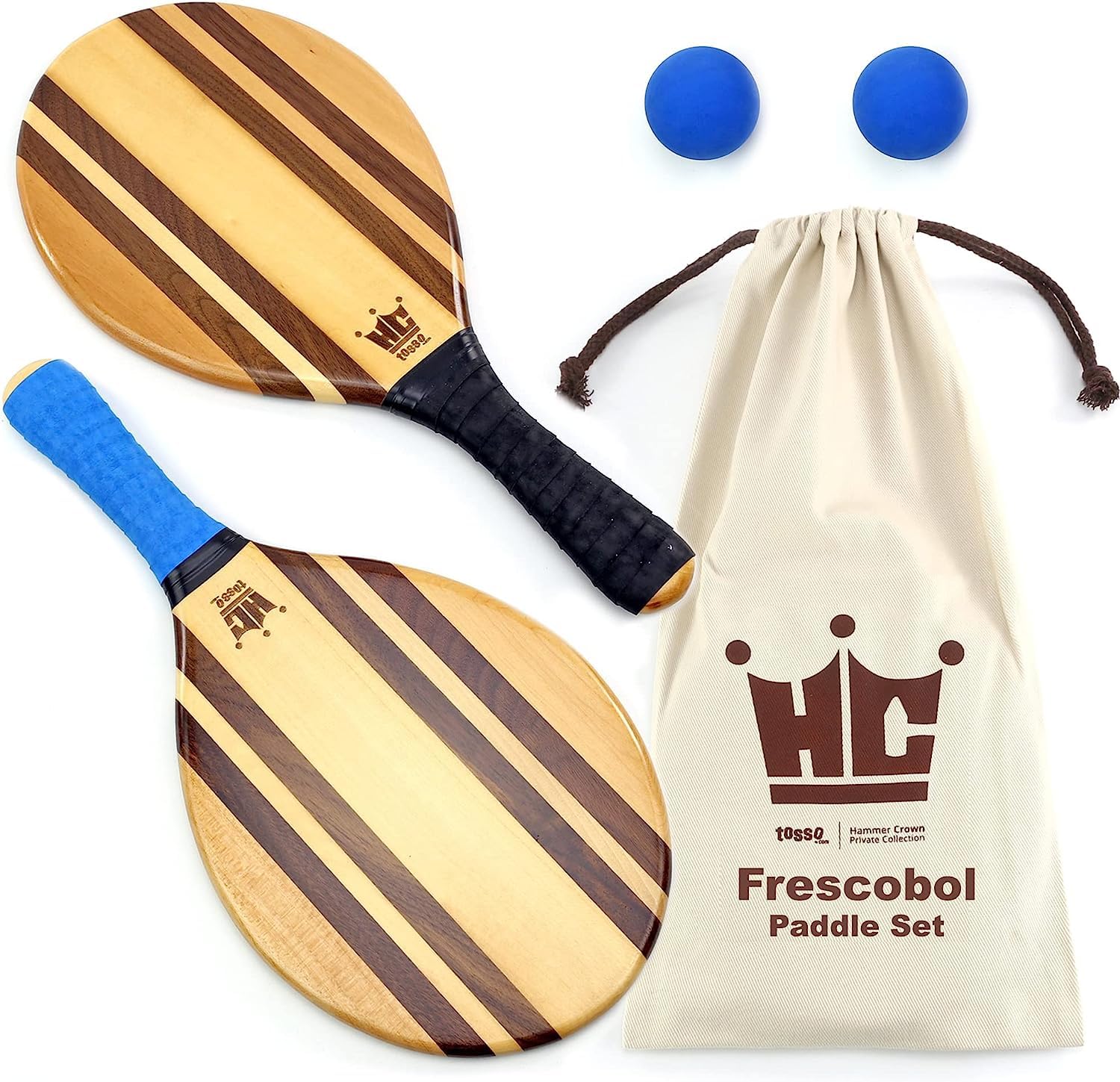 Fresco Ball Paddle Ball Set Beach Stripe 2 Paddle 2 Balls with Canvas Drawstring Bag