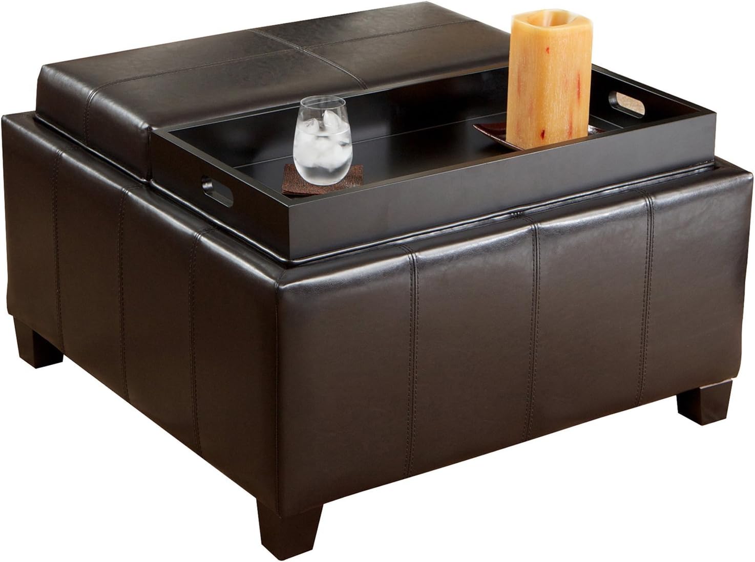 Mansfield Leather Espresso Tray Top Storage Ottoman Two Flip-Over Lids As Serving Trays