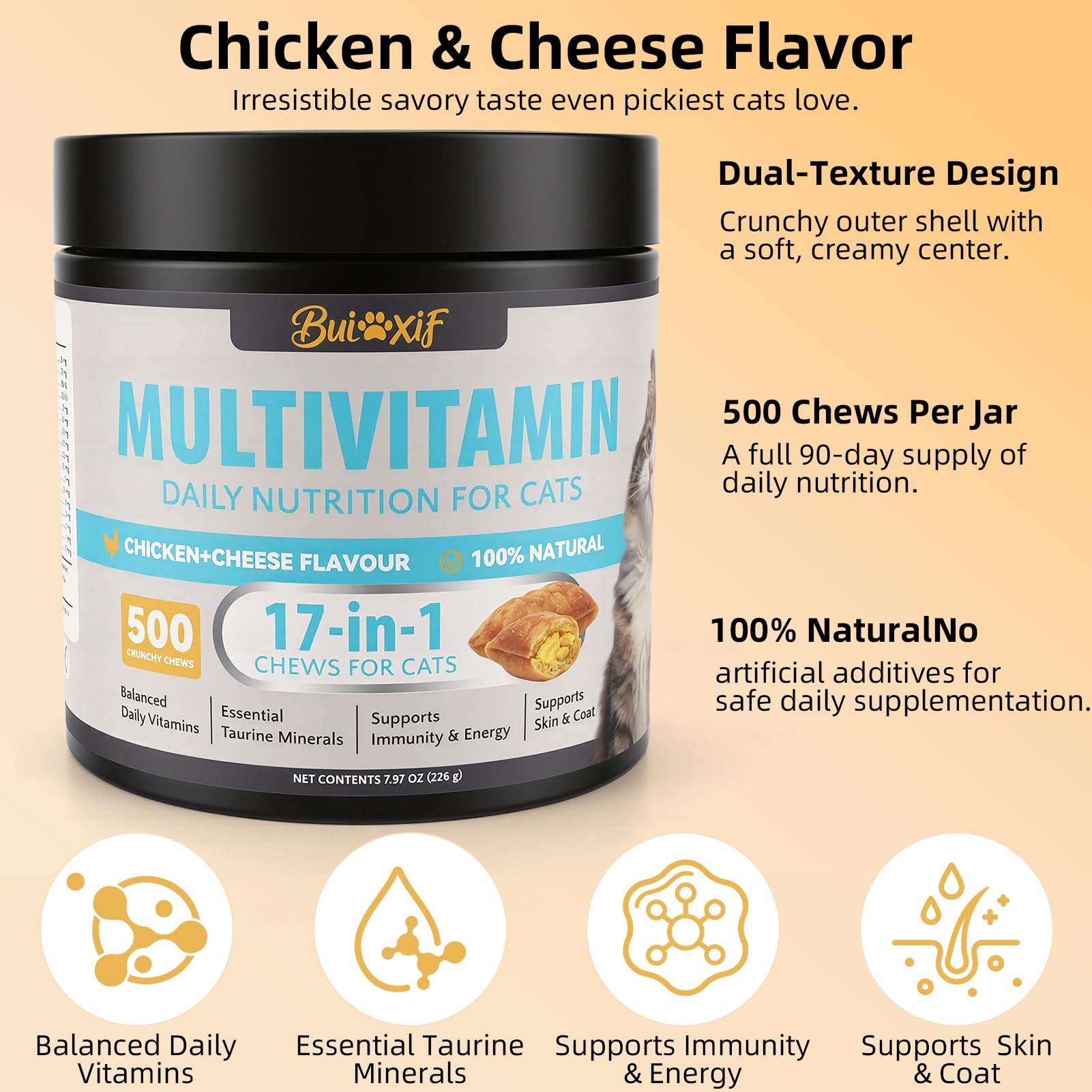 500 Cat Multivitamin Chews – 17-in-1 Daily Cat Vitamins with Taurine for Immune, Digestive, Skin & Coat Support – Chicken, Egg Yolk & Cheese Treats for Cats of All Ages — Amazon image 5