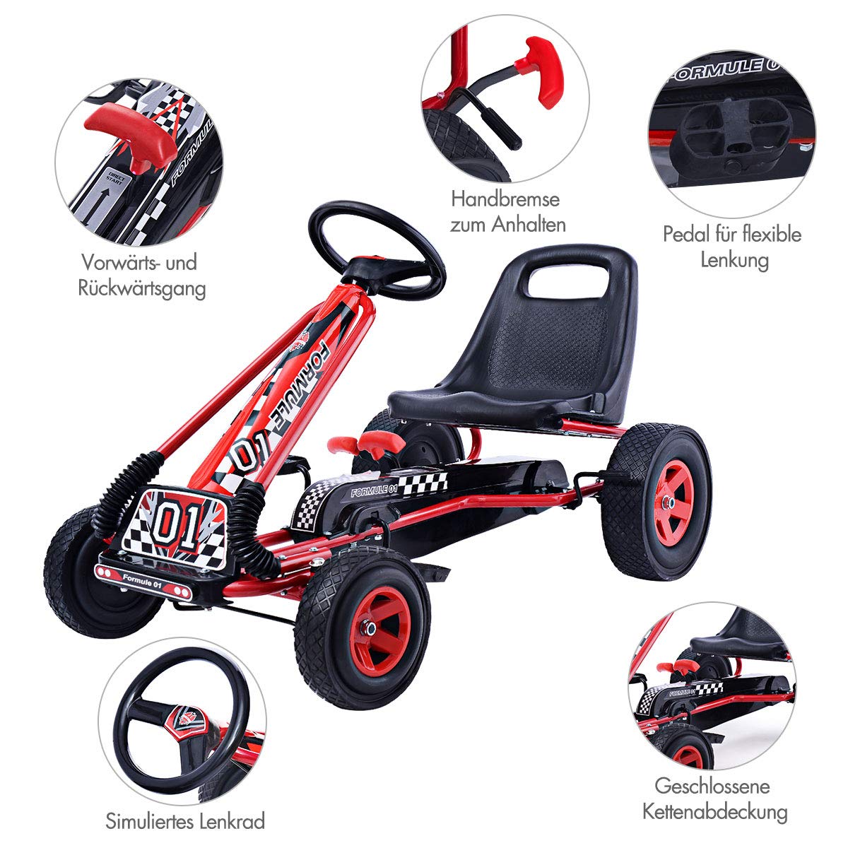 DREAMADE Kinder Go Kart Tretfahrzeug, Tretauto mit Bremsen, Kinderfahrzeug Pedalfahrzeug mit Verstellbarem Sitz für Kinder ab 3 Jahre (Rot)