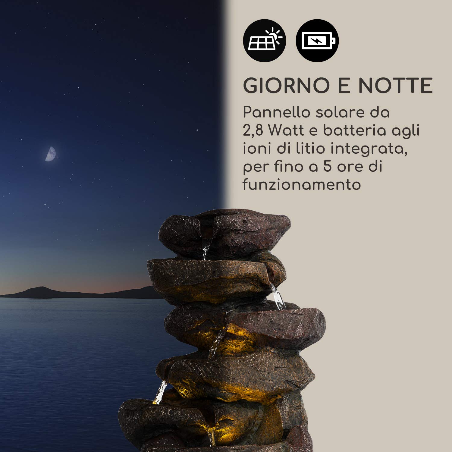 blumfeldt Savona - Fontana Solare, incl. Pannello Solare, Potenza: 2,8 Watt, Batteria agli Ioni di Litio (Durata: ca. 5h), Illuminazione LED, Materiale: Poliresina, Resistente al Gelo, Effetto Pietra