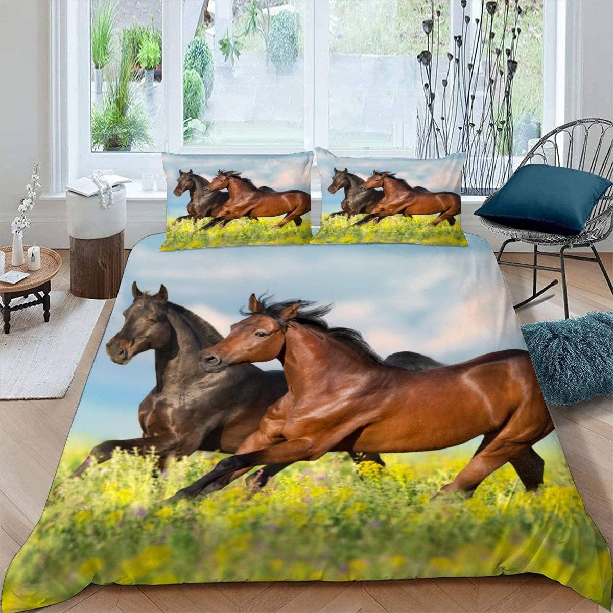 RFFLUX 3D Horse King size Bedding Sets 3 Pieces 220x230 Ultra Soft Microfiber Gallop Horse Duvet Cover with Zipper Closure Easy Care Quilt Cover with 2 Pillowcase for Adults Room Decor