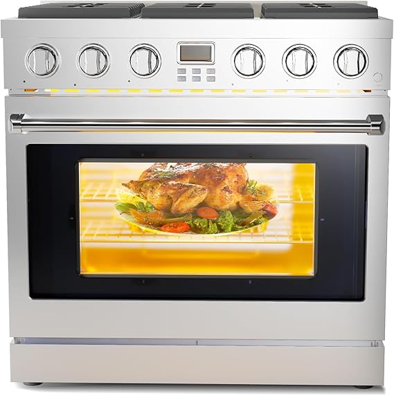 36" Gas Range Oven With 6 Sealed Gas Burner & 6.0 Cu. Ft & 106500BTU, Freestanding & Slide-In Full Gas Range Stove With Heavy Duty Grates, Stainless Steel Dual Fuel Range for Home and Commercial