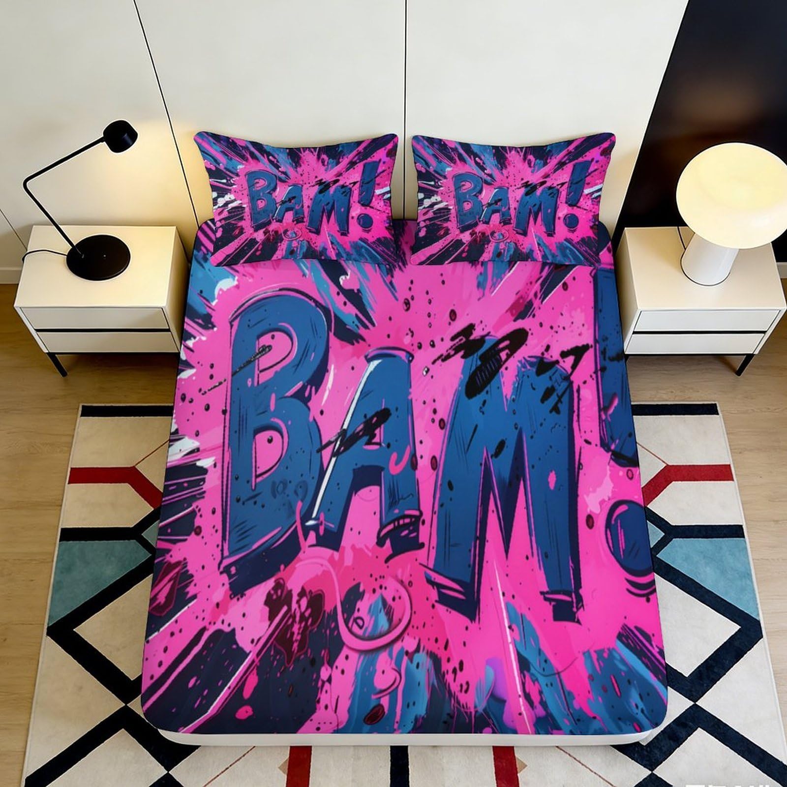 3D Printed Comic Pop Art Fitted Sheet Microfiber Pink Blue BAM Graphic Mattress Cover Bedroom Decor Anti-Slip Machine Washable 120x200x25cm