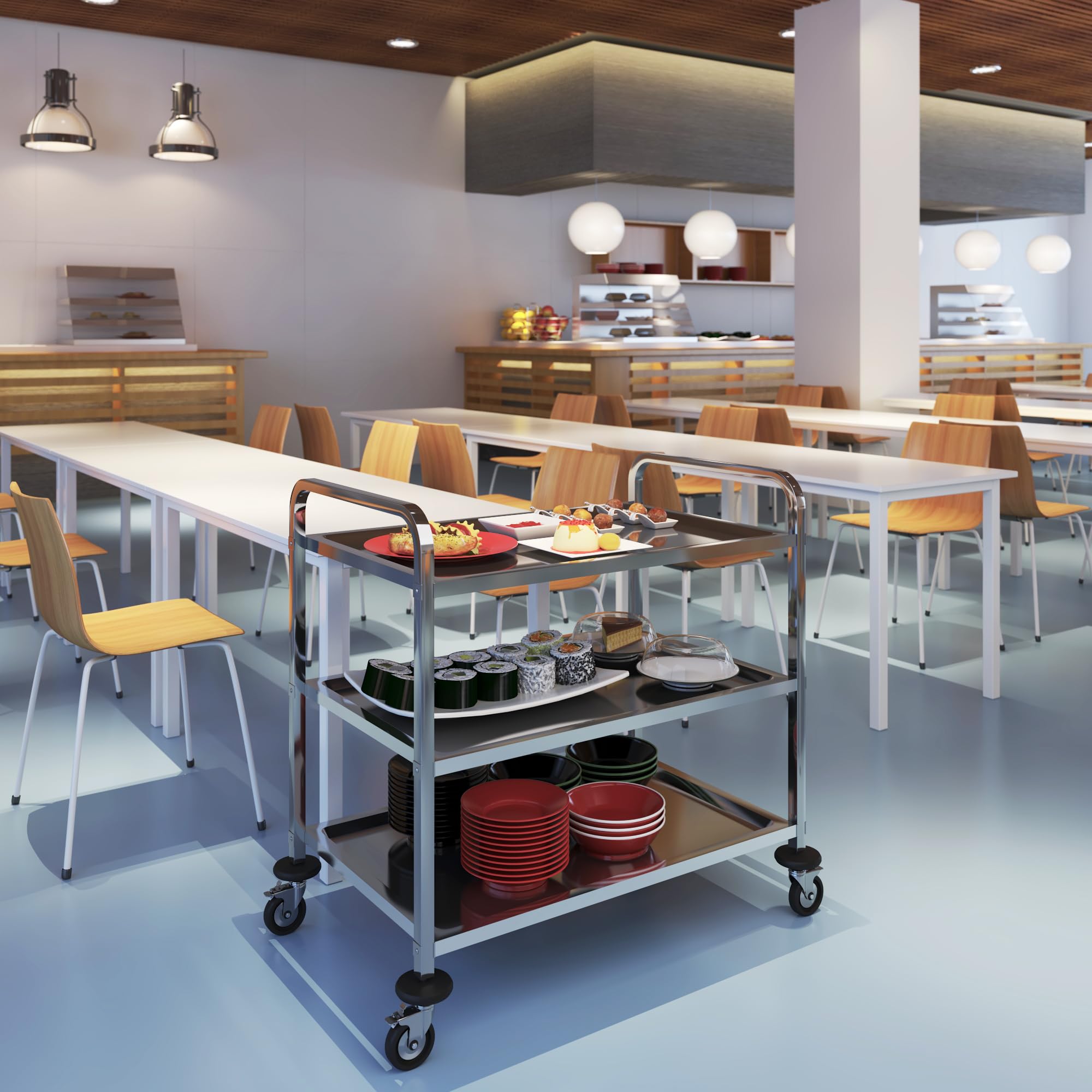servierwagen Edelstahl 3 böden,servierwagen mit Rollen und 4-Bremsräder,Küchenwagen für Hotel Restaurant (75 x 40 x 83cm)